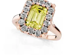 Fancy Yellow Emerald Cut Diamond Cluster Halo Solitaire Ring Set in Rose gold with Prong Setting