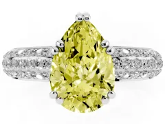 Fancy Yellow Pear Cut Diamond Solitaire Ring Set in White gold with Multi-Row Round Pavé Band and Prong Setting