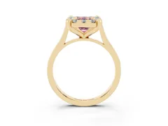 Fancy Pink Emerald Cut Diamond Cluster Halo Solitaire Ring Set in Yellow gold with Prong Setting