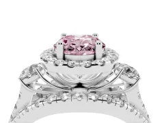 Fancy Pink Oval Cut Diamond Halo Split Shank Ring Set in White gold with Round Accent Stones and Prong Setting
