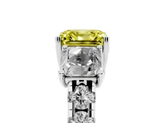 Fancy Yellow Asscher Cut Diamond Three-Stone Ring Set in White gold with Pavé Band