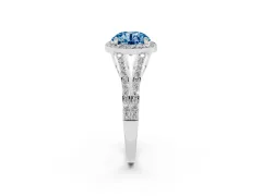 Fancy Blue Round Cut Diamond Halo Split Shank Ring Set in Silver with Accent Stones and Prong Setting