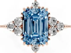 Fancy Blue Emerald Cut Diamond Cluster Ring Set in Rose gold with Beaded Band