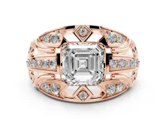 Asscher Cut Diamond Art Deco Ring Set in Rose gold with Pavé Split Shank