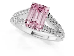 Fancy Pink Emerald Cut Diamond Split Shank Pavé Engagement Ring Set in Platinum with Prong-Held Center Stone