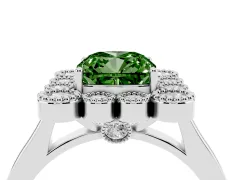 Fancy Green Cushion Cut Diamond Cluster Halo Ring Set in White gold with Milgrain Bezel Accents and Plain Band
