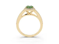 Fancy Green Oval Cut Diamond Halo Split Shank Pavé Ring Set in Yellow gold with Prong Setting