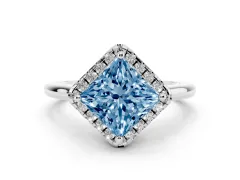 Fancy Blue Princess Cut Diamond Halo Engagement Ring Set in Platinum with Pavé Band and Rising Shoulders