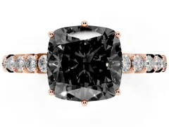 Fancy Black Cushion Cut Diamond Solitaire Engagement Ring Set in Rose gold with Pavé Band and Prong Setting