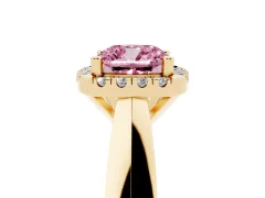 Fancy Pink Cushion Cut Diamond Halo Solitaire Engagement Ring Set in Yellow gold with Square Band and Prong Setting