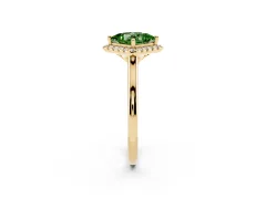 Fancy Green Princess Cut Diamond Halo Engagement Ring Set in Yellow gold with Pavé Band and Rising Shoulders