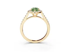 Fancy Green Marquise Cut Diamond Pavé Halo Engagement Ring Set in Yellow gold with Pavé Band and Prong Setting