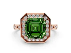 Fancy Green Asscher Cut Diamond Halo Engagement Ring Set in Rose gold with Twisted Band and Prong Setting