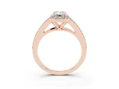 Emerald Cut Diamond Halo Split Shank Pavé Ring Set in Rose gold with Prong Setting