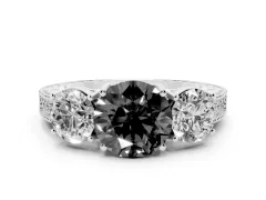 Fancy Black Round Cut Diamond Three-Stone Engagement Ring Set in Silver with Milgrain Pavé Band