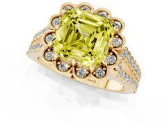 Fancy Yellow Asscher Cut Diamond Floral Halo Split Shank Engagement Ring Set in Yellow gold with Pavé Shank