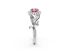 Fancy Pink Cushion Cut Diamond Halo Ring Set in Silver with Leaf Motif Split Shank and Prong Setting