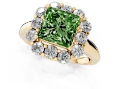 Fancy Green Princess Cut Diamond Milgrain Halo Solitaire Ring Set in Yellow gold with Bezel Set Side Stones and Pavé Band