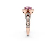 Fancy Pink Round Cut Diamond Floral Halo Split Shank Engagement Ring Set in Rose gold with Pavé Shank