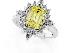 Fancy Yellow Emerald Cut Diamond Cluster Halo Ring Set in Silver with Marquise and Round Accents