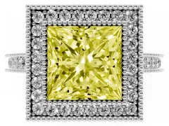 Fancy Yellow Princess Cut Diamond Halo Milgrain Pavé Band Ring Set in Platinum with Prong Setting