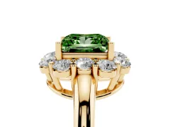 Fancy Green Princess Cut Diamond Milgrain Halo Solitaire Ring Set in Yellow gold with Bezel Set Side Stones and Pavé Band