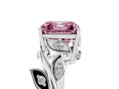 Fancy Pink Asscher Cut Diamond Solitaire Twist Engagement Ring Set in White gold with Pavé Leaf Accents
