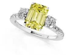 Fancy Yellow Emerald Cut Diamond Three-Stone Ring Set in Silver with Pavé Band and Graduated Sides