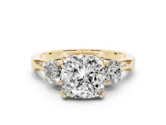 Cushion Cut Diamond Three-Stone Ring Set in Yellow gold with Pavé Band and Smaller Side Stones