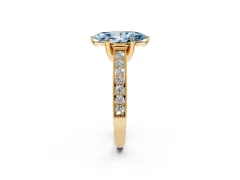 Fancy Blue Marquise Cut Diamond Solitaire Ring Set in Yellow gold with Milgrain-Edged Pavé Band and Prong Setting