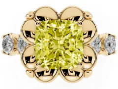 Fancy Yellow Cushion Cut Diamond Floral Halo Ring Set in Yellow gold with Shared Prong Band