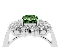 Fancy Green Emerald Cut Diamond Floral Double Halo Ring Set in Silver with Round Petals