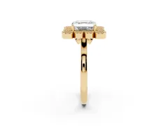 Asscher Cut Diamond Cluster Halo Ring Set in Yellow gold with Milgrain Bezel Accents and Plain Band