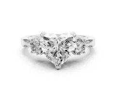 Heart Cut Diamond Three-Stone Ring Set in Silver with Pavé Band and Smaller Side Stones