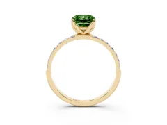 Fancy Green Radiant Cut Diamond Solitaire Engagement Ring Set in Yellow gold with Round Pavé Band and Prong Setting