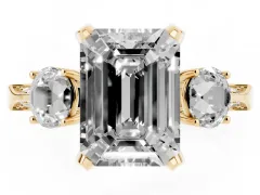 Fancy Green Emerald Cut Diamond Three-Stone Ring Set in Yellow gold with Pavé Band and Smaller Side Stones