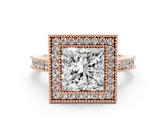 Princess Cut Diamond Halo Milgrain Pavé Band Ring Set in Rose gold with Prong Setting