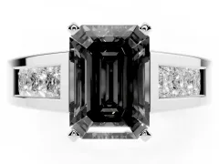 Fancy Black Emerald Cut Diamond Solitaire Ring Set in Platinum with Channel-Set Accent Stones and Prong Setting