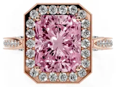 Fancy Pink Radiant Cut Diamond Halo Engagement Ring Set in Rose gold with Accent Split Shank Band