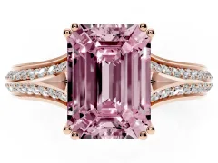 Fancy Pink Emerald Cut Diamond Split Shank Pavé Engagement Ring Set in Rose gold with Prong-Set Center Stone