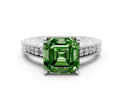 Fancy Green Asscher Cut Diamond Solitaire Pavé Milgrain Engagement Ring Set in White gold with Prong Setting