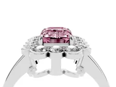 Fancy Pink Emerald Cut Diamond Halo Cluster Engagement Ring Set in White gold with Solitaire Band and Prong Setting
