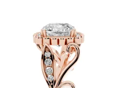 Cushion Cut Diamond Halo Ring Set in Rose gold with Leaf Motif Split Shank and Prong Setting