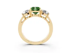 Fancy Green Cushion Cut Diamond Three-Stone Ring Set in Yellow gold with Round Side Stones and Classic Band