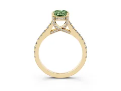 Fancy Green Oval Cut Diamond Solitaire Ring Set in Yellow gold with Brilliant Pavé Band and Prong Setting