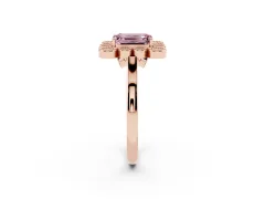 Fancy Pink Emerald Cut Diamond Cluster Halo Ring Set in Rose gold with Milgrain Bezel Accents and Plain Band