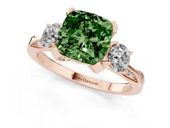 Fancy Green Cushion Cut Diamond Three-Stone Ring Set in Rose gold with Pavé Band and Smaller Side Stones