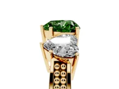 Fancy Green Heart Cut Diamond Three-Stone Ring Set in Yellow gold with Textured Band