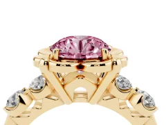 Fancy Pink Round Cut Diamond Floral Halo Ring Set in Yellow gold with Shared Prong Band