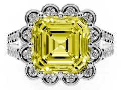 Fancy Yellow Asscher Cut Diamond Floral Halo Split Shank Engagement Ring Set in Silver with Pavé Shank